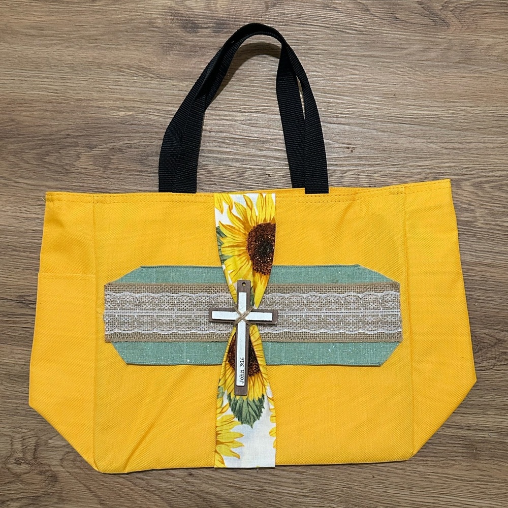 Reusable Canvas Tote Bag - yellow Sunflower cross